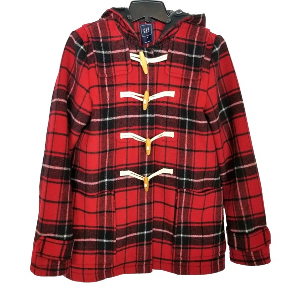GAP Jackets & Blazers - Gap Contrast Wool Blend Toggle Coat Sz M Red Black Plaid Classic Academia Hooded